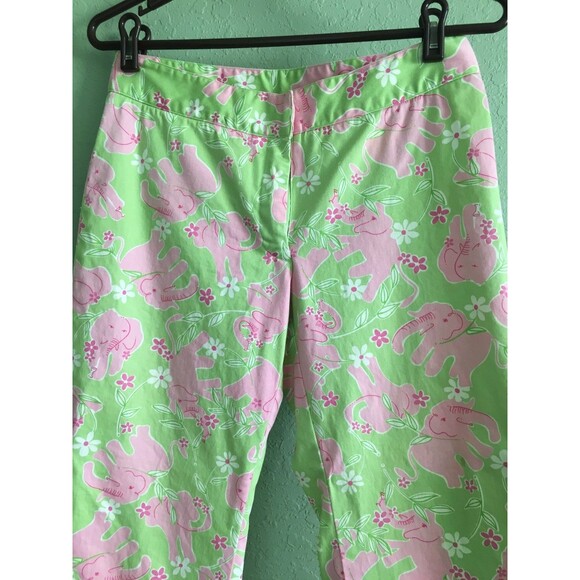 Lilly Pulitzer Size 4 Green Pink Elephant Capri Pants - Picture 2 of 5
